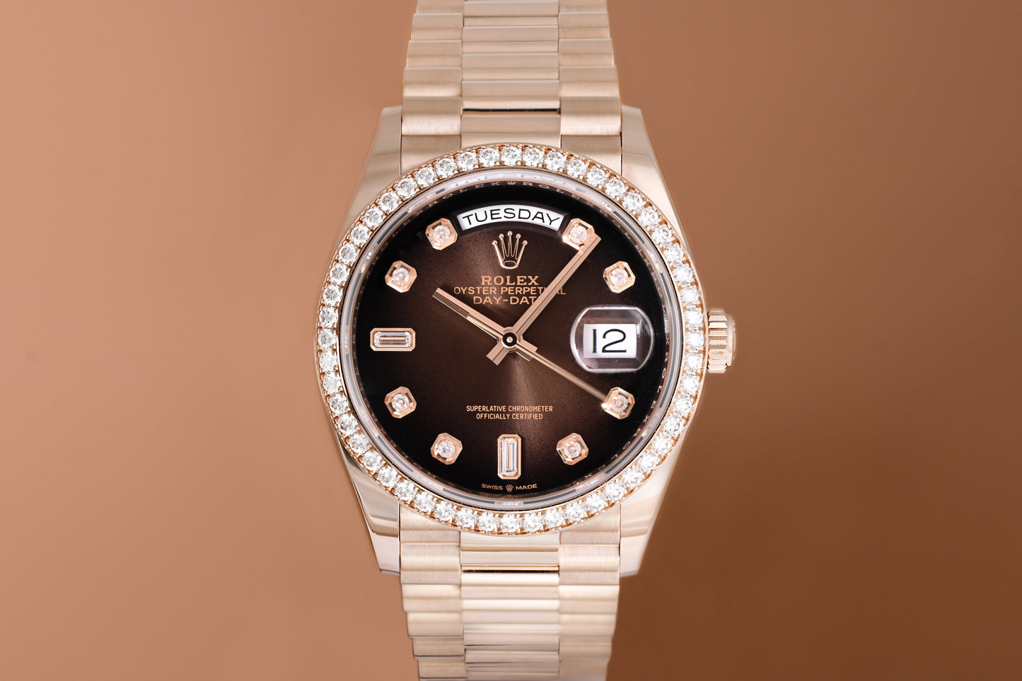 Rolex Day Date 36 Roségold 128345RBR - Full Set - Factory Diamond Setting - LC100