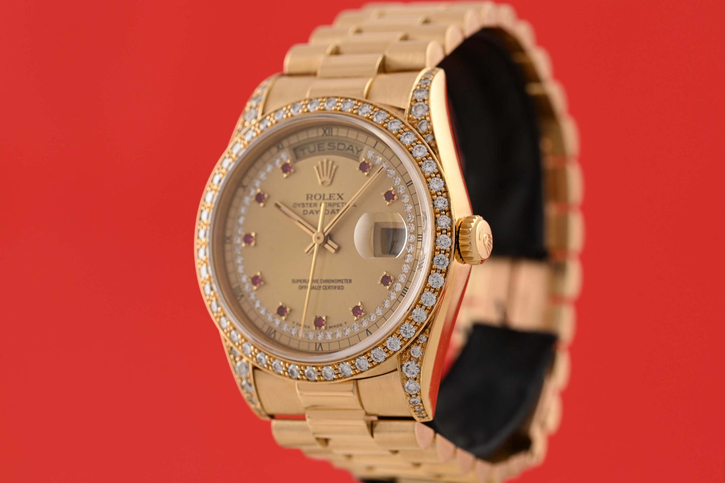 Rolex Day Date Yellow Gold - 18388 - Factory Ruby & Diamond Setting