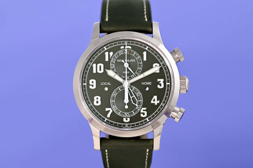 Patek Philippe Pilot Travel Time Flyback Chronograph Khaki green dial - Full Set - NEW 2026