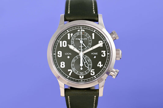 Patek Philippe Pilot Travel Time Flyback Chronograph Khaki green dial - Full Set - NEW 2026