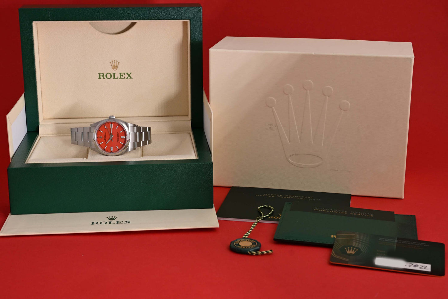 Rolex Oyster Perpetual 36mm 126000 - Full Set - Coral Red Dial - 2022 - Like NEW