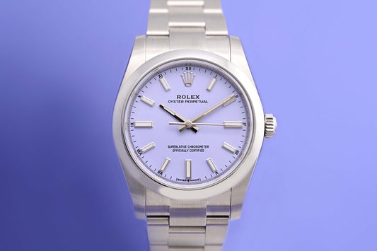 Rolex Oyster Perpetual 34 mm 124200 - Full Set - Lavender Dial - NEW 2025