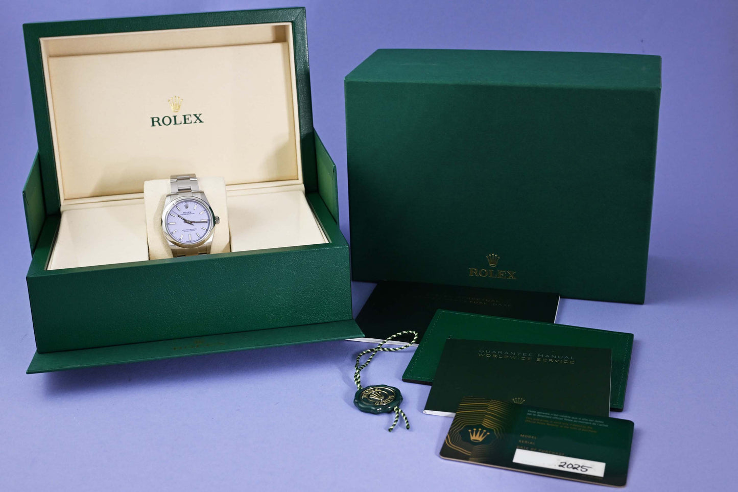 Rolex Oyster Perpetual 34 mm 124200 - Full Set - Lavender Dial - NEW 2025