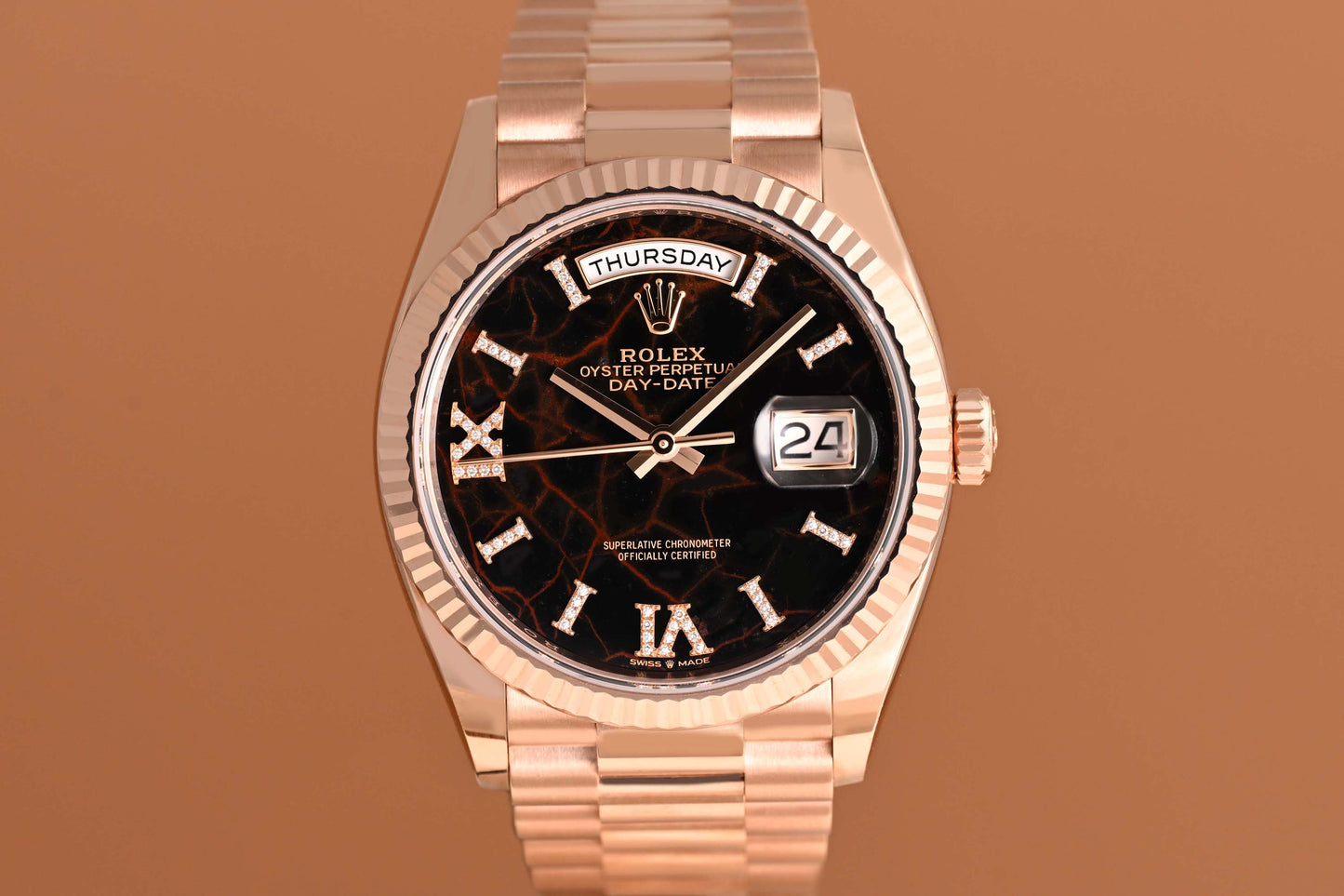 Rolex Day Date 36 Rose Gold 128235 - Full Set - Eisenkiesel Diamond Dial