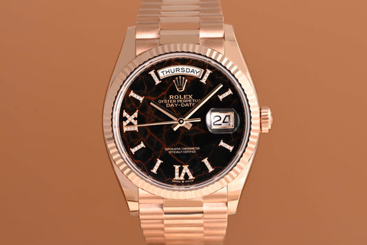 Rolex Day Date 36 Rose Gold 128235 - Full Set - Eisenkiesel Diamond Dial