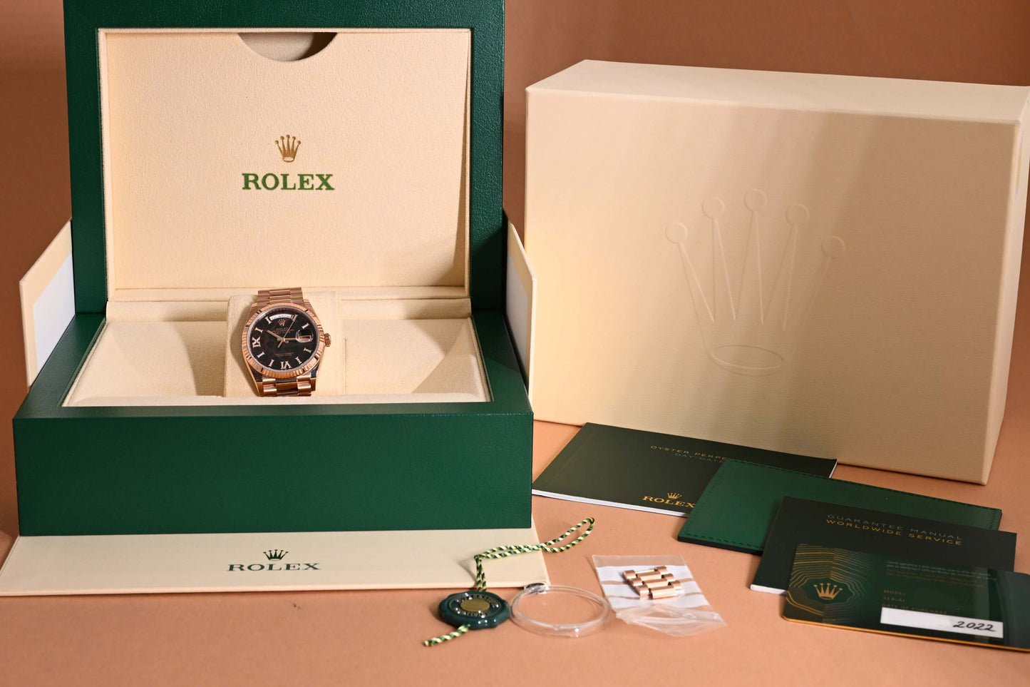 Rolex Day Date 36 Rose Gold 128235 - Full Set - Eisenkiesel Diamond Dial