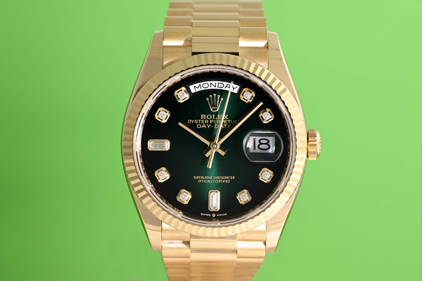 Rolex Day Date 36 Gelbgold 128238 - Green Ombre Dia Dial - Full Set - Like NEW